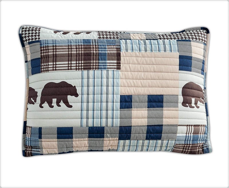 Rugs 4 Less Rustic Modern Farmhouse Cabin Lodge Stripe Quilted Bedspread Coverlet Bedding Set With Patchwork of Grizzly Bears and Buffalo Plaid Check and Houndstooth Patterns Beige Blue - Western 2 (Full / Queen) - Image 3