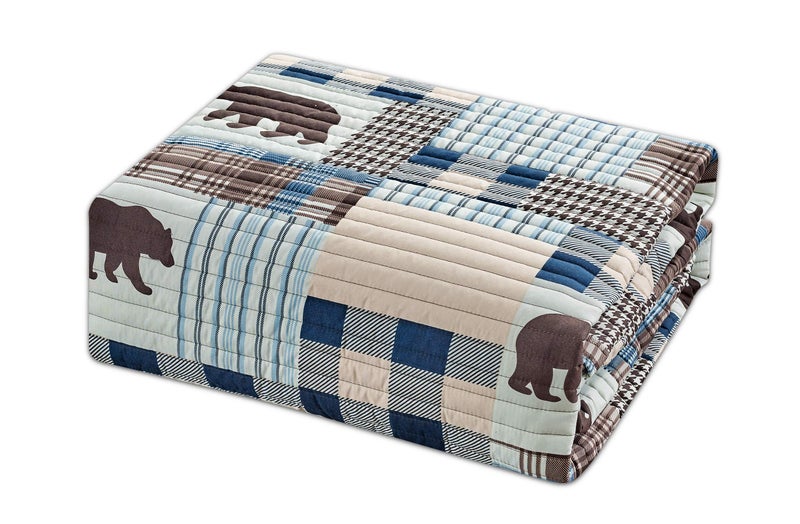 Rugs 4 Less Rustic Modern Farmhouse Cabin Lodge Stripe Quilted Bedspread Coverlet Bedding Set With Patchwork of Grizzly Bears and Buffalo Plaid Check and Houndstooth Patterns Beige Blue - Western 2 (Full / Queen) - Image 2