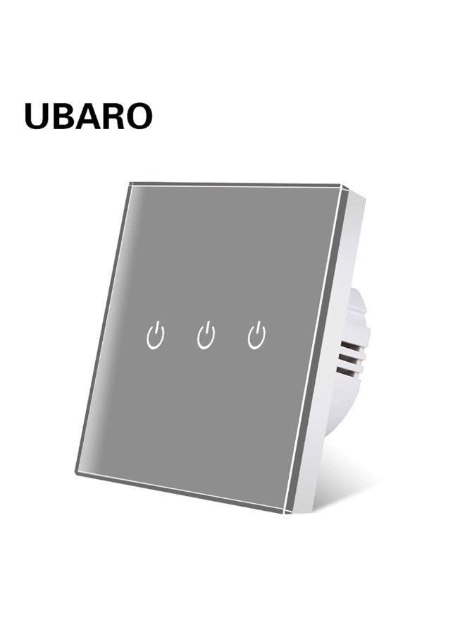 UBARO  86 Type Tempered Glass Smart Touch Wall Switch, Single Live Wire Embedded Flush Mount 3 Gang Grey Panel White Shell - Image 1