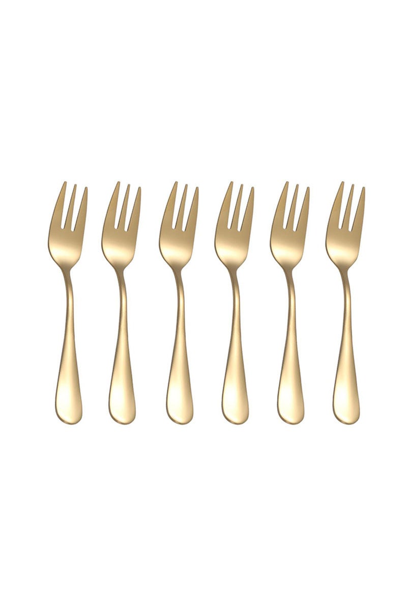 طقم أدوات مائدة ذهبي مكون من 6 قطع من الفولاذ المقاوم للصدأ، شوك فواكه وشوك حلويات، صغير ورقيق، مثالي للضيافة.