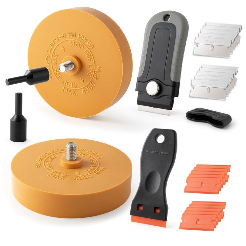 Gomake Decal Remover Eraser Wheel Tool Kit with Drill Adapter Vinyl Decal Adhesive Removal Tool with Razor Blade Scraper for Removing Pinstripes, Stickers (Mix, 2 Pack Solid) Multi-use detailed build - Image 1