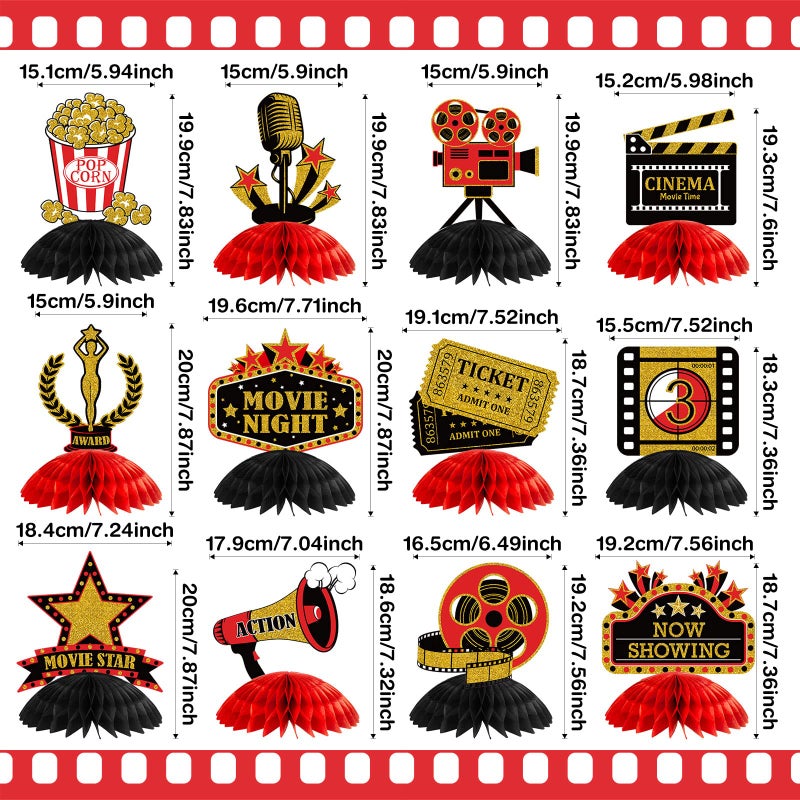 Pajean 12 Pieces Movie Night Party Decorations Supplies Movie Theater Centerpiece Honeycomb 3D Ticket Popcorn Star Table Topper Decor for Birthday Party Favors(Red) - Image 2