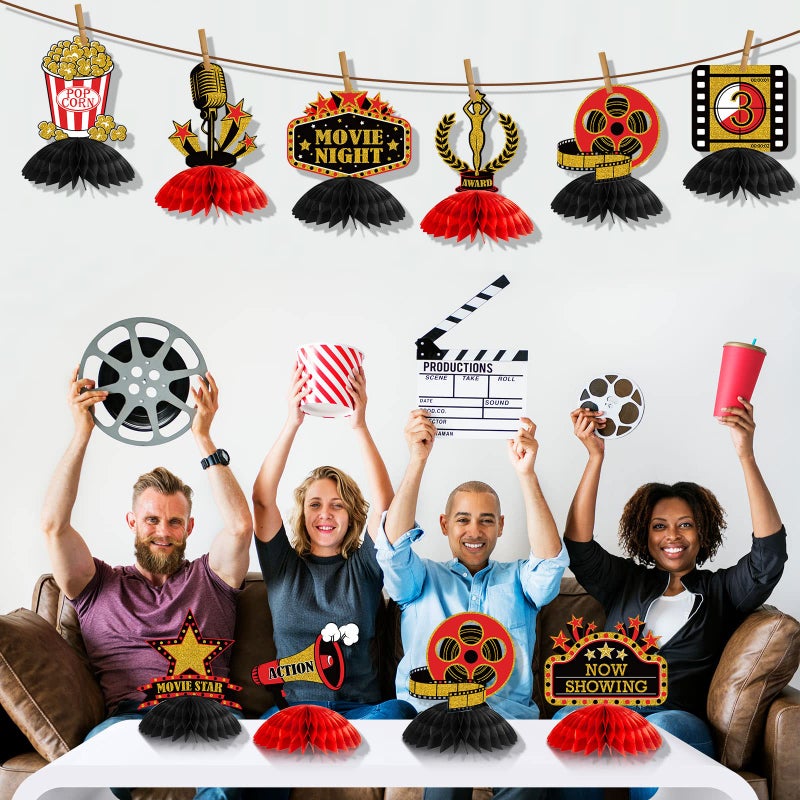 Pajean 12 Pieces Movie Night Party Decorations Supplies Movie Theater Centerpiece Honeycomb 3D Ticket Popcorn Star Table Topper Decor for Birthday Party Favors(Red) - Image 4
