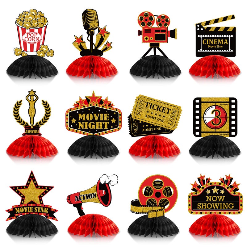 Pajean 12 Pieces Movie Night Party Decorations Supplies Movie Theater Centerpiece Honeycomb 3D Ticket Popcorn Star Table Topper Decor for Birthday Party Favors(Red) - Image 1