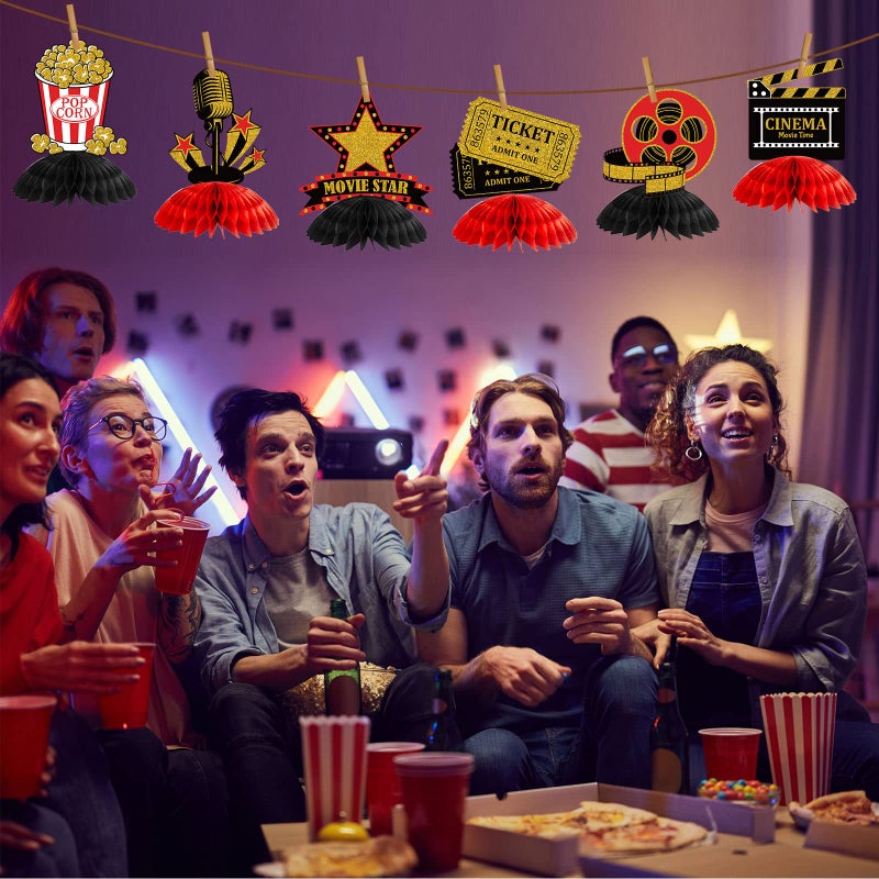 Pajean 12 Pieces Movie Night Party Decorations Supplies Movie Theater Centerpiece Honeycomb 3D Ticket Popcorn Star Table Topper Decor for Birthday Party Favors(Red) - Image 5