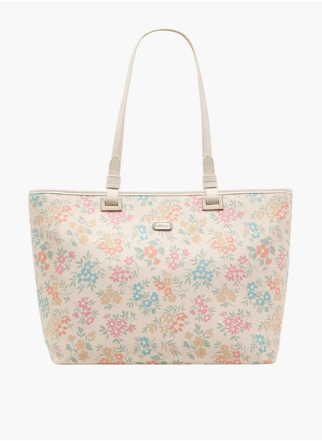 MISSY Floral Print Tote Bag with Double Handle and Zip Closure