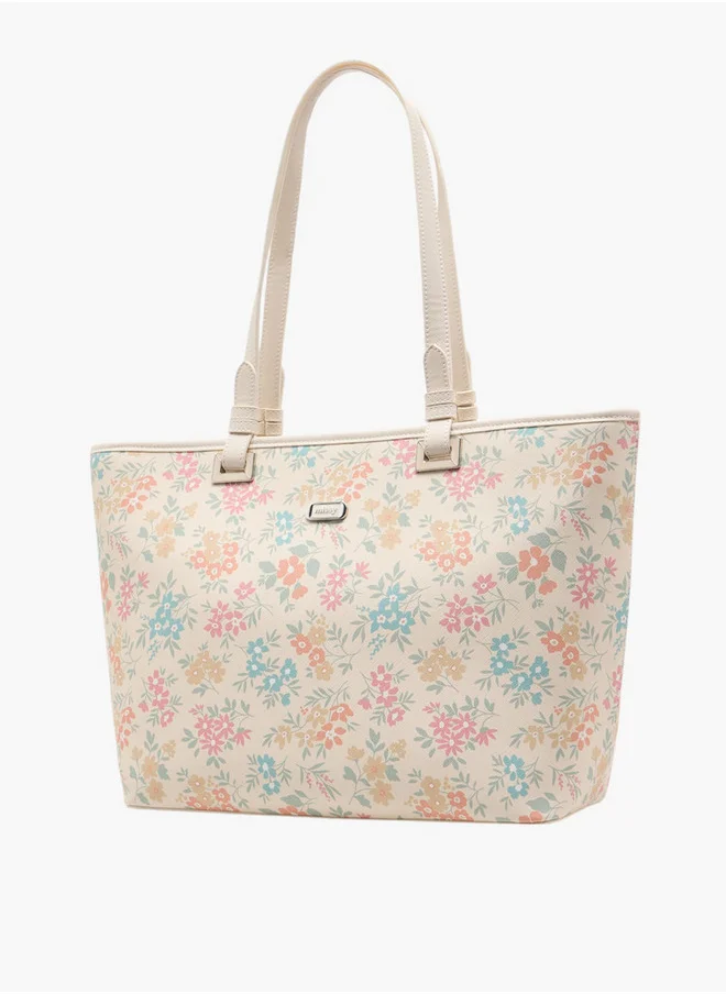 MISSY Floral Print Tote Bag with Double Handle and Zip Closure