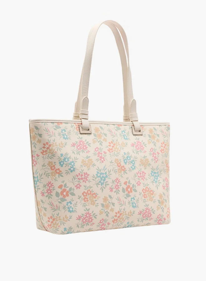 MISSY Floral Print Tote Bag with Double Handle and Zip Closure