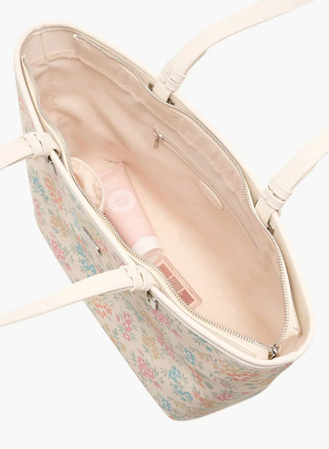 MISSY Floral Print Tote Bag with Double Handle and Zip Closure