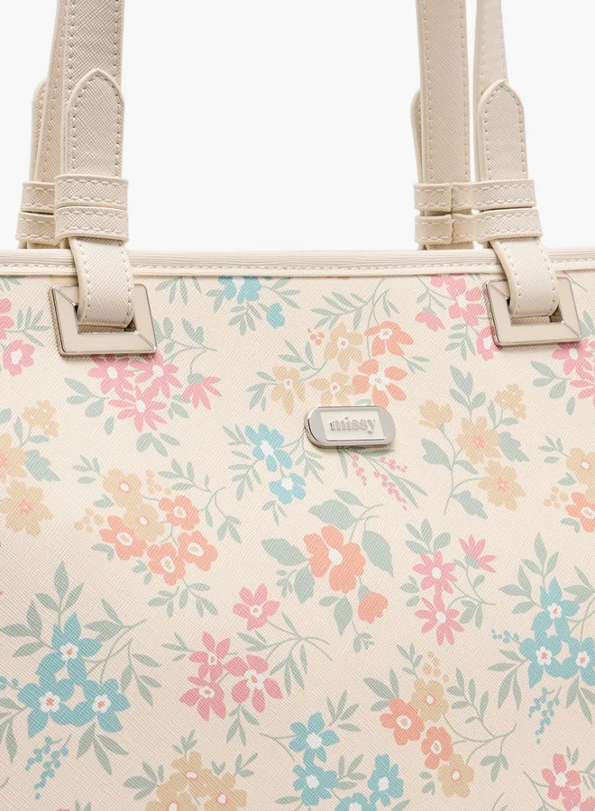 MISSY Floral Print Tote Bag with Double Handle and Zip Closure