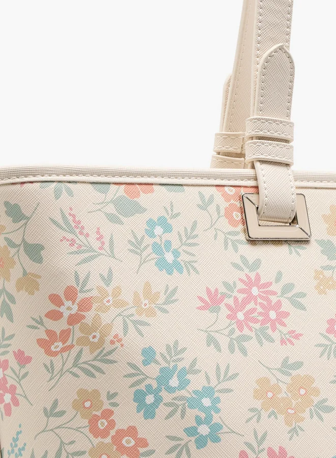 MISSY Floral Print Tote Bag with Double Handle and Zip Closure
