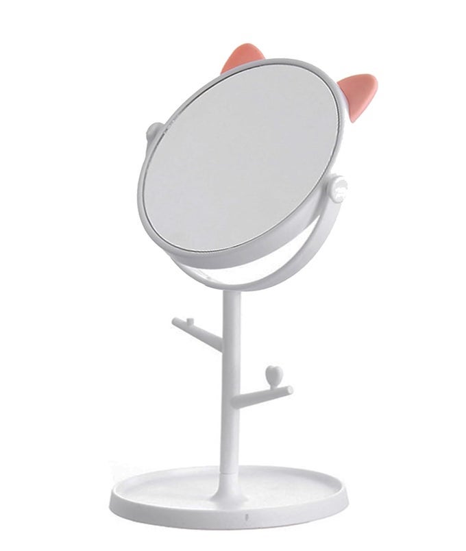 TABLETOP MAKEUP MIRROR ROTATABLE VANITY MIRROR DESKTOP MIRROR WITH CUTE CAT EARS SHAPE ROUND COSMETIC MIRROR FOR HOUSEHOLD AND TRAVEL WHITE WHITE