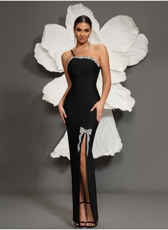 Meilun Women's Black Shoulder Strap Beaded Evening Dress  - Image 1