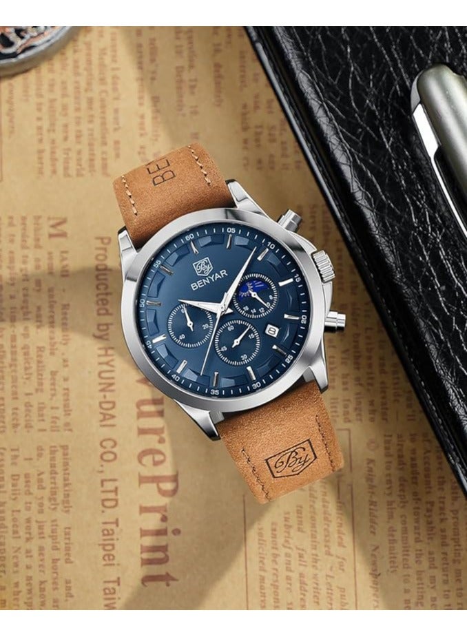 BENYAR Mens Watches Multifunction Chronograph Date Quartz Watch for Men Brown Leather Band Analog Wrist Watch Gift for Men Casual Business - Image 4