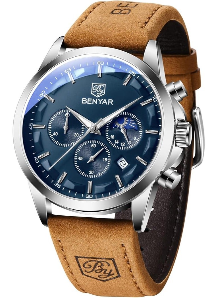BENYAR Mens Watches Multifunction Chronograph Date Quartz Watch for Men Brown Leather Band Analog Wrist Watch Gift for Men Casual Business - Image 1