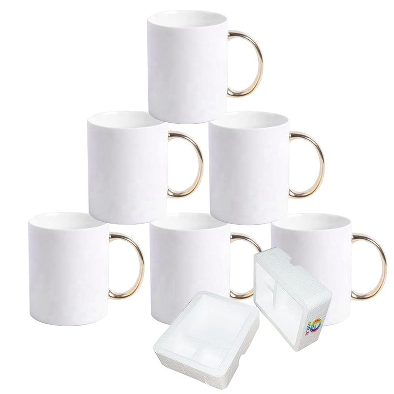MRR Grade AAA Sublimation Blanks 6 Sets Dishwasher White Ceramic Coffee Mugs with golden handle 11oz Blank Ceramic Classic Drinking Cup Mug For Milk Tea Cola Water Set of 6 with Safe Package