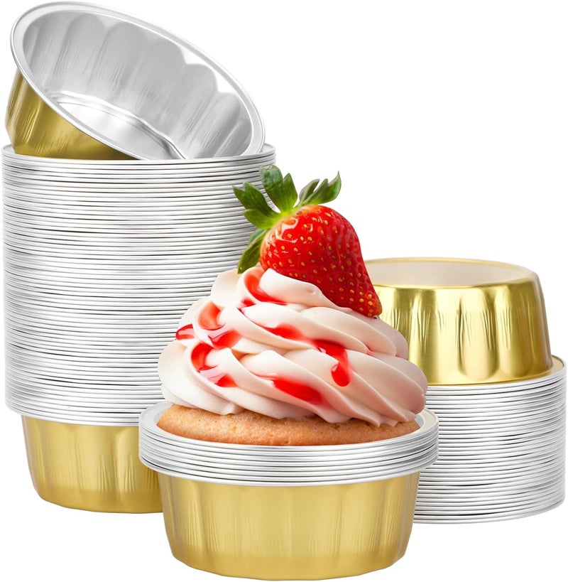 Beasea 8 oz 100 Pack Aluminum Ramekins, Disposable Ramekins Foil Cups Baking 3.9" Ramekin Cup Muffin Cupcake Aluminum Baking Cup Mini Pudding Souffle Cups for Party Wedding Birthday - Gold - Image 1