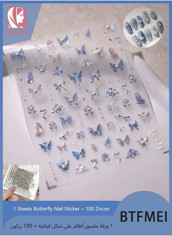 BTFMEI 5D Pearl Crystal Butterfly Magic Nail Sticker with 100 Zircon Diamonds, Butterfly Nail Art Stickers Self，Suitable for DIY Nail Sticker  - Image 1