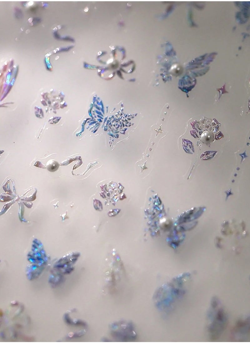BTFMEI 5D Pearl Crystal Butterfly Magic Nail Sticker with 100 Zircon Diamonds, Butterfly Nail Art Stickers Self，Suitable for DIY Nail Sticker  - Image 2