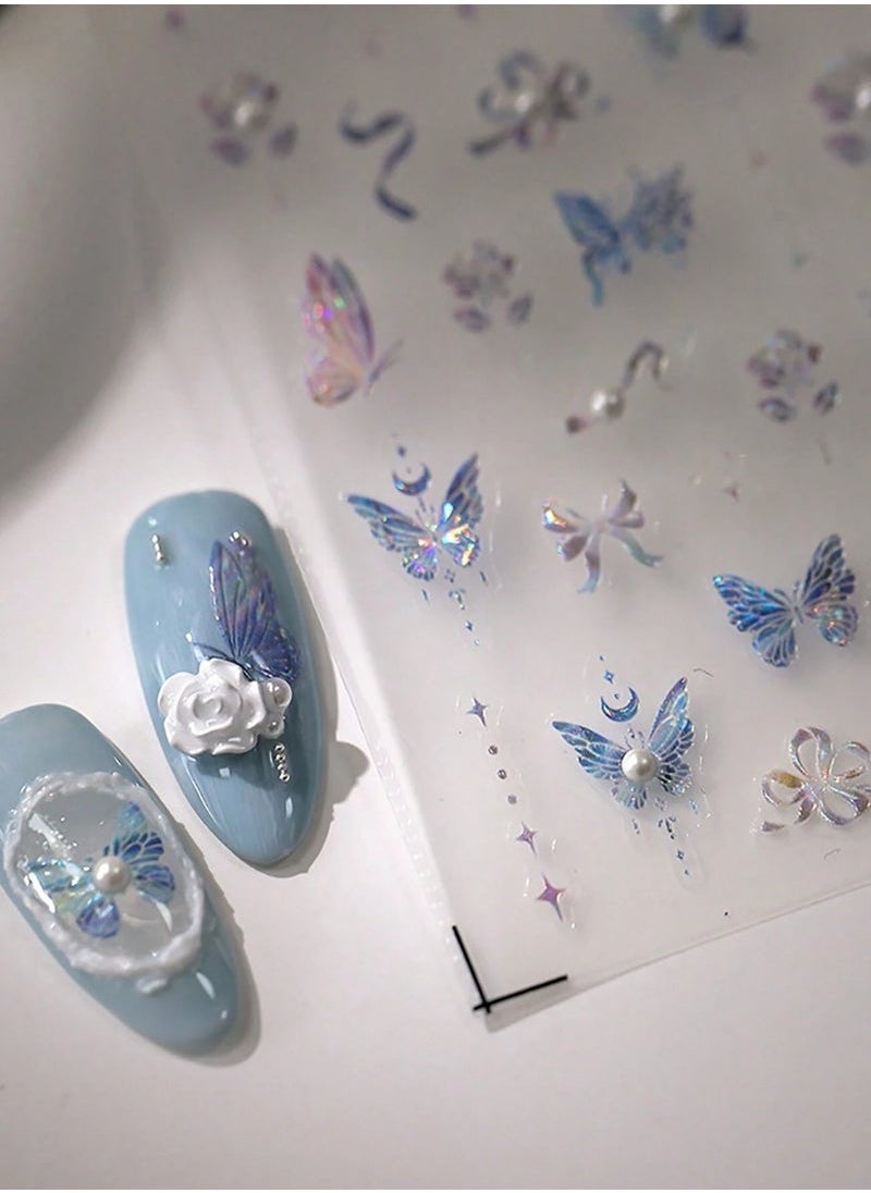 BTFMEI 5D Pearl Crystal Butterfly Magic Nail Sticker with 100 Zircon Diamonds, Butterfly Nail Art Stickers Self，Suitable for DIY Nail Sticker  - Image 4