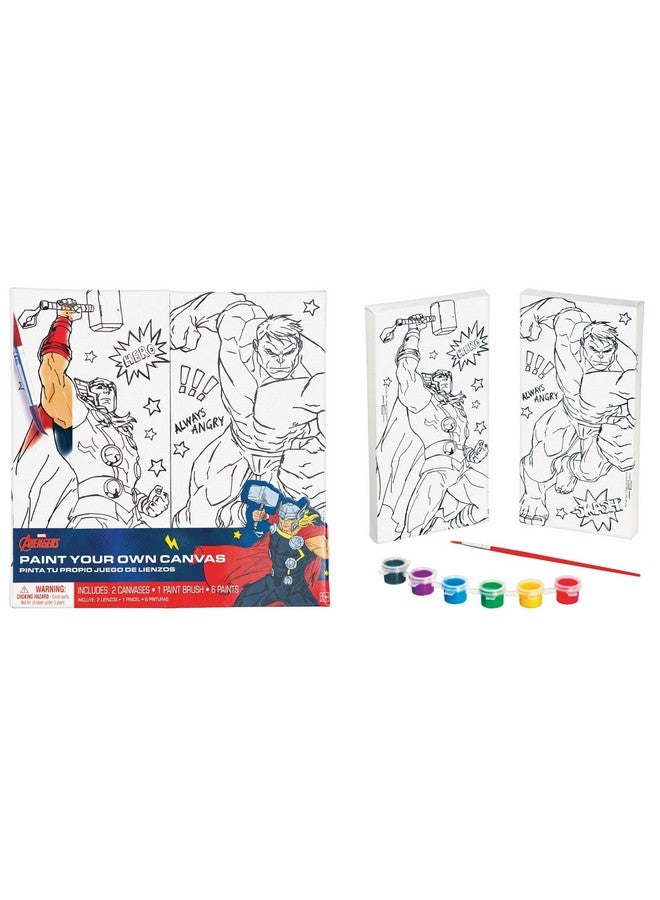 Amscan Marvel Avengers Color Your Own Canvas- 2 Canvases (8" x 4" ), 1 Brush, 6 Vivid Paints - Perfect Creative Gift for Kids & Fans - 1 Set