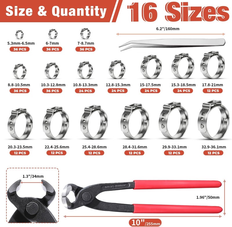 AKIHISA 360pcs Stainless Steel 304 Single Ear Hose Clamps Assortment Kit (5.3-36.1mm) - Image 2