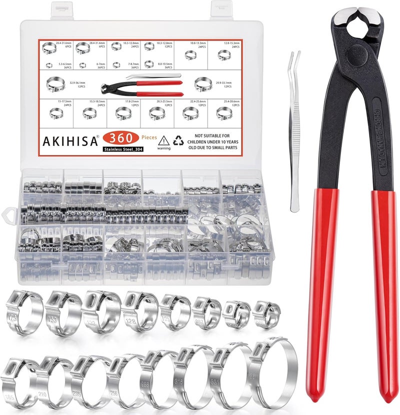 AKIHISA 360pcs Stainless Steel 304 Single Ear Hose Clamps Assortment Kit (5.3-36.1mm) - Image 1