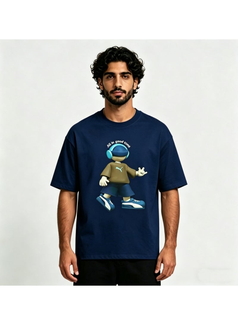 Puma "All in Good Time" 3D Cartoon Character Cotton Navy T-Shirt-M - Image 1
