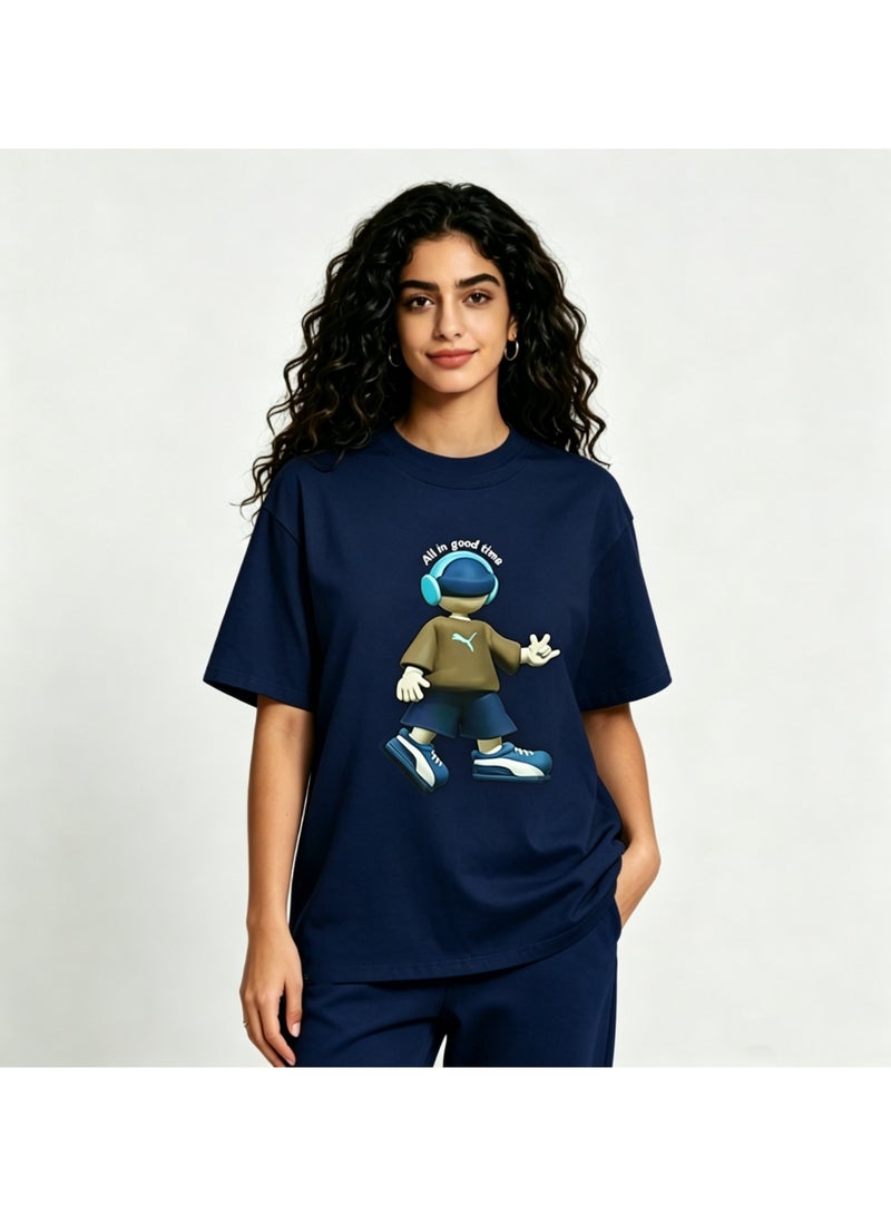 Puma "All in Good Time" 3D Cartoon Character Cotton Navy T-Shirt-M - Image 2