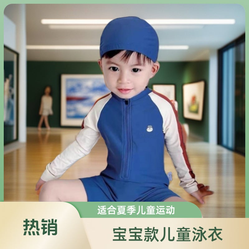 Generic Boys Swimsuit Summer Kidsrens Long-Sleeved Swimsuit Summer Boy Summer New Beach Wear Baby One-Piece Swimsuit Blue long sleeves come with a hat