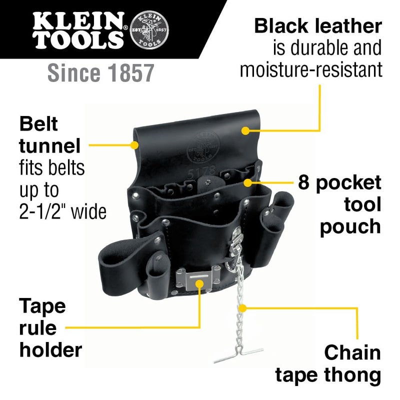 Klein Tools 5178 Pocket Tool Pouch, Leather, Tunnel Loop Belt Connection, Black - Image 2