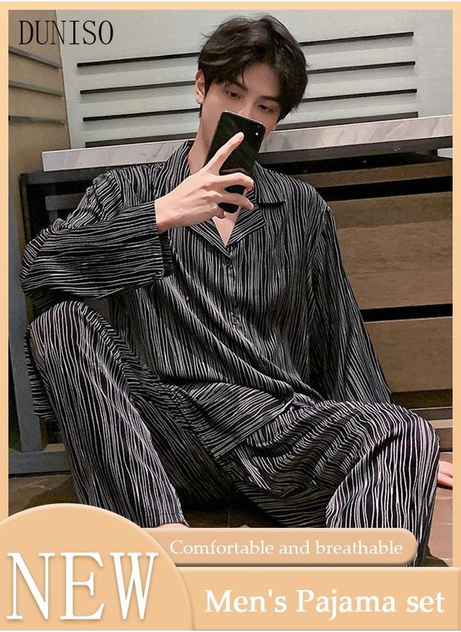 DUNISO - 2-piece Men' s Pajama Set Silk Satin Long Sleeve Sleepwear with Button Classic Loungewear Nightwear Notch Neck Shirt and Waist Elastic Pants Pajama for Men - Image 1