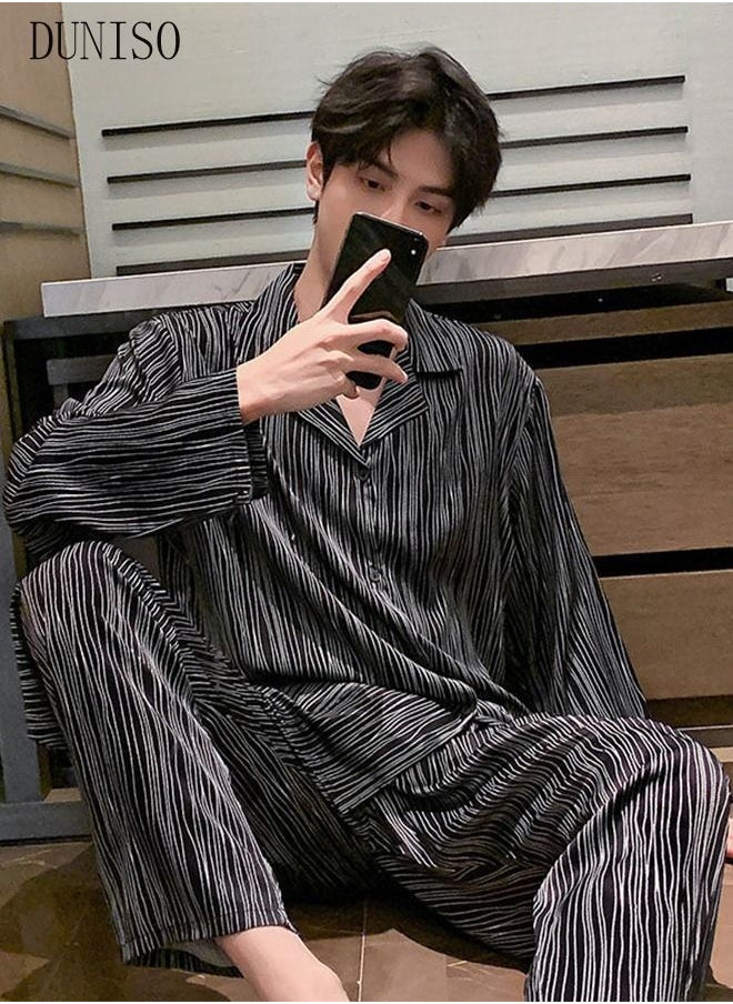 DUNISO - 2-piece Men' s Pajama Set Silk Satin Long Sleeve Sleepwear with Button Classic Loungewear Nightwear Notch Neck Shirt and Waist Elastic Pants Pajama for Men - Image 1