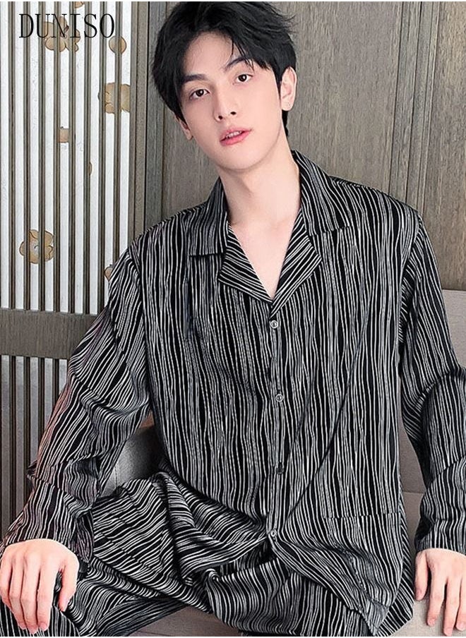 DUNISO - 2-piece Men' s Pajama Set Silk Satin Long Sleeve Sleepwear with Button Classic Loungewear Nightwear Notch Neck Shirt and Waist Elastic Pants Pajama for Men - Image 1