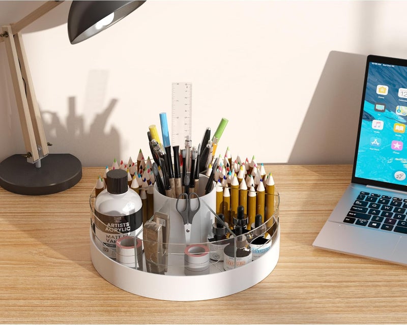 CraftGenes منظم أقلام دوار من للطاولة، قاعدة بيضاء وحامل أقلام أكريليك، منظم طاولة دوار ناعم 360 درجة مع 7 حجرات قابلة للإزالة للمكتب والمنزل والفصل الدراسي، منظم أقلام تحديد - Image 2