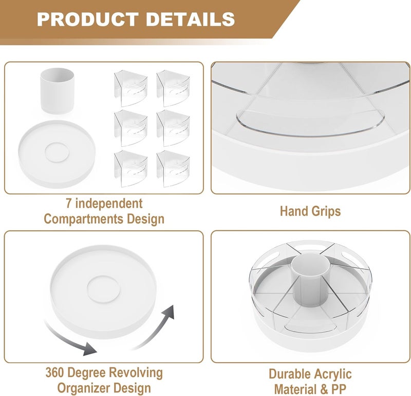 CraftGenes منظم أقلام دوار من للطاولة، قاعدة بيضاء وحامل أقلام أكريليك، منظم طاولة دوار ناعم 360 درجة مع 7 حجرات قابلة للإزالة للمكتب والمنزل والفصل الدراسي، منظم أقلام تحديد - Image 5