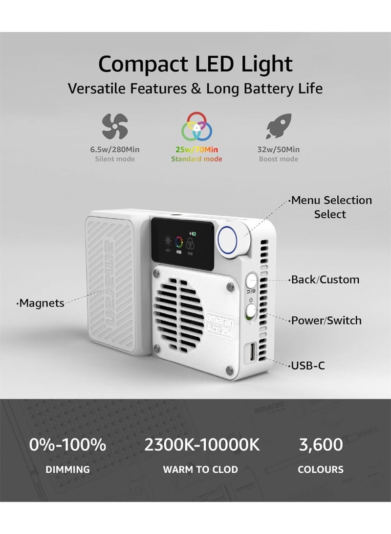Aputure Amaran Ace 25c RGBWW LED Light – 32W Panel, 2300K–10000K, 5908 Lux at 0.5m, USB-C Charging, Magnetic Mount, App Control, Silver Ace 25c Silver Kit - Image 2