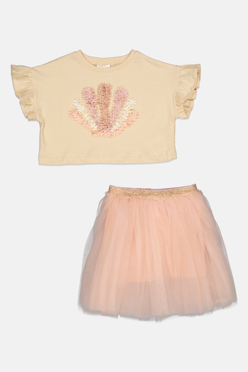 MISS Toddlers Girl 2 Pcs Floral Pattern Top And Skirts, Sets, Cream/Pink  - Image 1