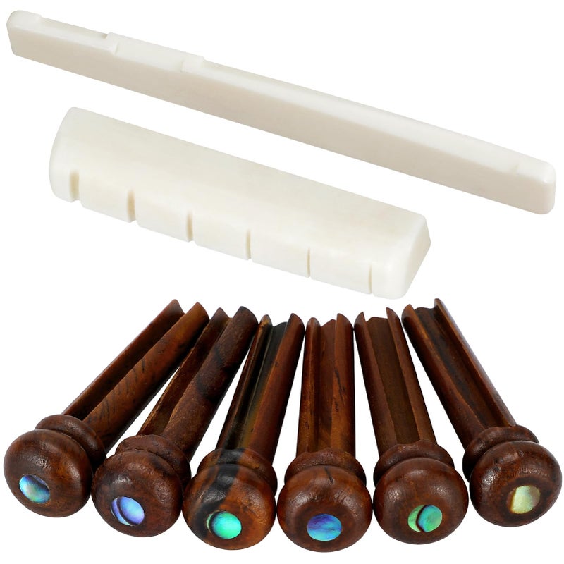 Blisstime 6 String Acoustic Guitar Bone Bridge Saddle and Nut and 6pcs Rosewood Guitar Bridge Pins - Image 1