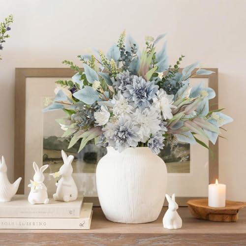 Pusuny 2 Pcs Fake Artificial Flowers Bouquet for Decoration, Silk Flower Arrangements Faux Flowers Plant Wedding Bride Bouquets Tables Centerpieces for Home Decor Indoor Vase Floral Table Decor (Blue White) - Image 2