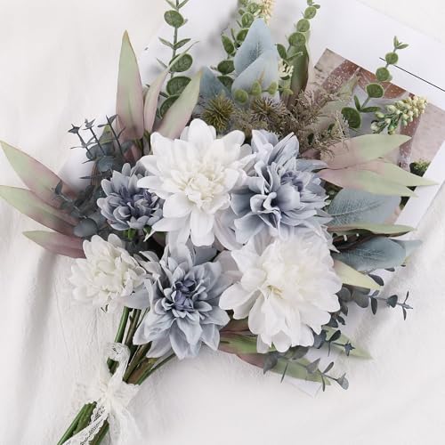 Pusuny 2 Pcs Fake Artificial Flowers Bouquet for Decoration, Silk Flower Arrangements Faux Flowers Plant Wedding Bride Bouquets Tables Centerpieces for Home Decor Indoor Vase Floral Table Decor (Blue White) - Image 5