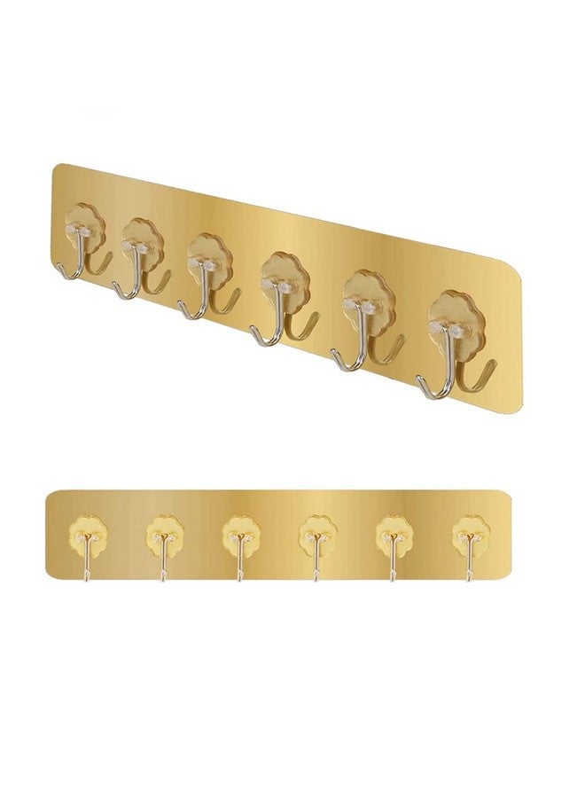 FORCE 24 Force24 - Self Adhesive Wall Hooks for Kitchen Organizer Hook for Wall Without Drilling for Home Kitchen Bathroom Bedroom Keys Bag Towels - 6 Stainless Steel Hook with Plastic Strip (Golden Pack of 2) - Image 1