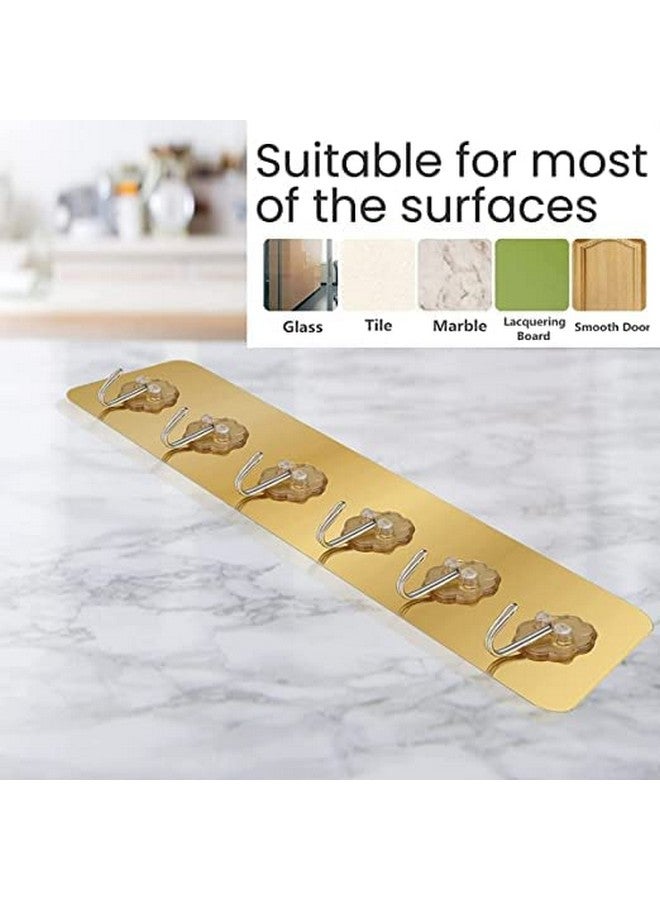 FORCE 24 Force24 - Self Adhesive Wall Hooks for Kitchen Organizer Hook for Wall Without Drilling for Home Kitchen Bathroom Bedroom Keys Bag Towels - 6 Stainless Steel Hook with Plastic Strip (Golden Pack of 2) - Image 2