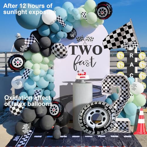 HEPAPATE Race Car Party Balloons Arch Kit,177pcs Race Car Party Decorations Dusty Blue black Dusty Green & Wheels Foil Balloon& Checkered Flag for kids Racing car Theme Two Fast Party Supplies - Image 2