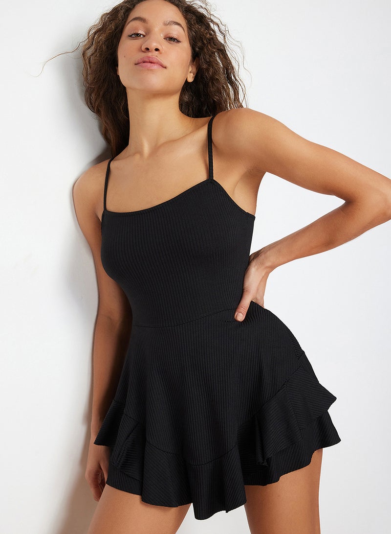 trendyol Black Strappy Flounce Mini Knitted Jumpsuit with Shorts TWOSS23TU00044 - Image 3