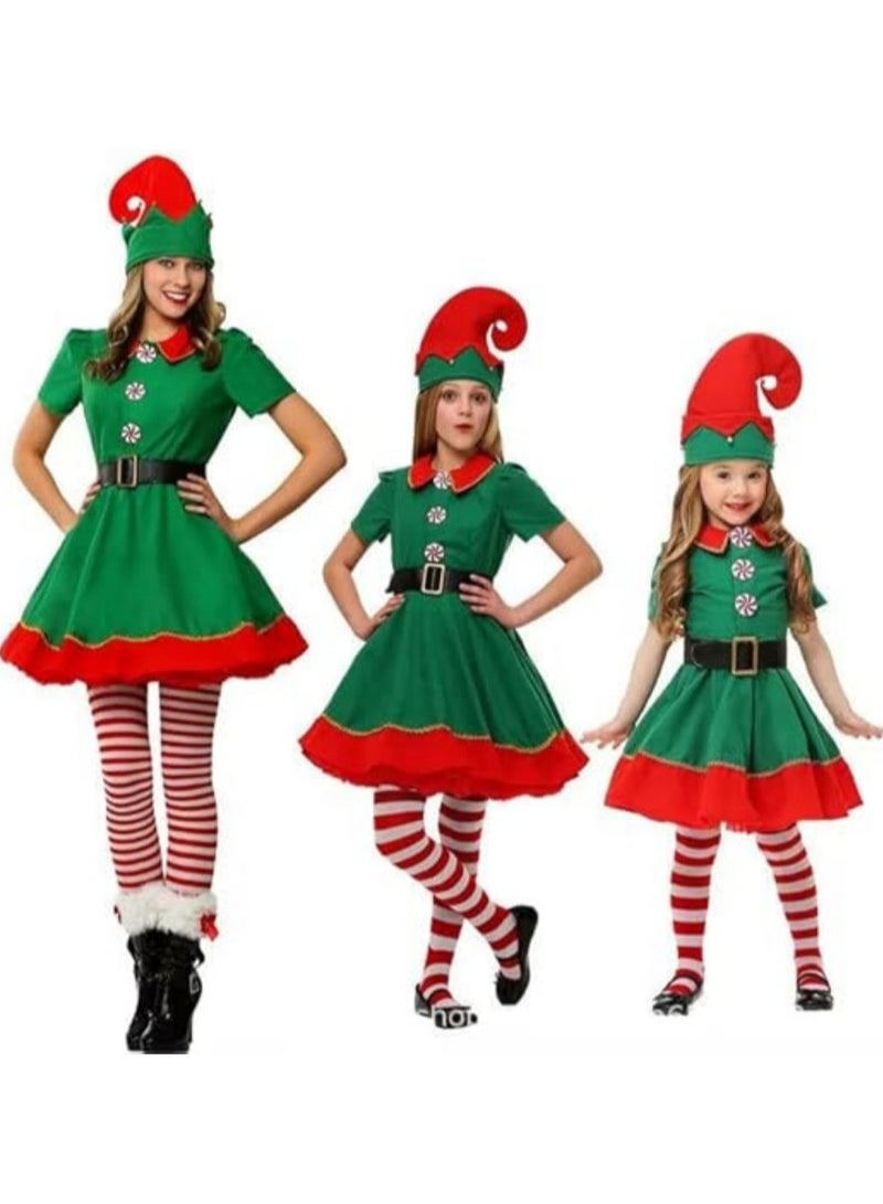 AUTOYSUR Christmas Elf Costume, Women Kid Elf Cosplay Costume with Santa Dress+ Pants+Hat+ Belt for Women Girls Cosplay  - Image 1