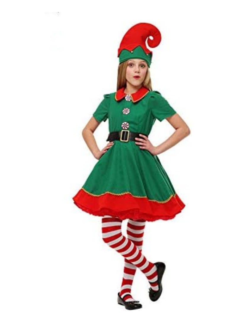 AUTOYSUR Christmas Elf Costume, Women Kid Elf Cosplay Costume with Santa Dress+ Pants+Hat+ Belt for Women Girls Cosplay  - Image 3