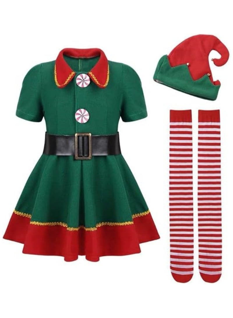 AUTOYSUR Christmas Elf Costume, Women Kid Elf Cosplay Costume with Santa Dress+ Pants+Hat+ Belt for Women Girls Cosplay  - Image 4