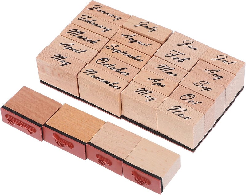 TEHAUX 24Pcs Wooden Month Rubber Stamps Set for DIY Journaling and Scrapbooking, Vintage Style Monthly Date Stamps with Full Spelling and Abbreviation for Craft Calendar Making - Image 1