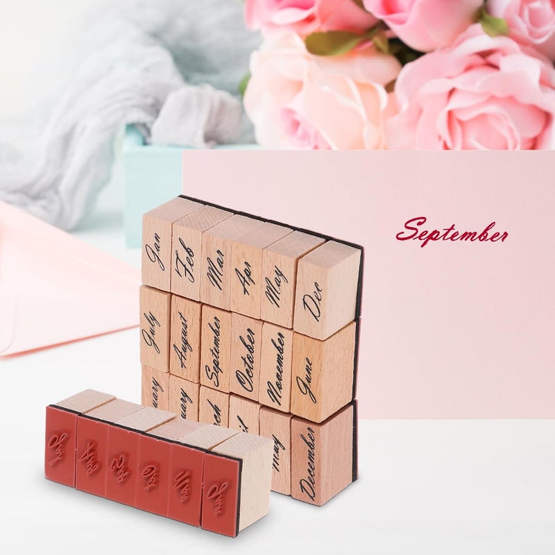 TEHAUX 24Pcs Wooden Month Rubber Stamps Set for DIY Journaling and Scrapbooking, Vintage Style Monthly Date Stamps with Full Spelling and Abbreviation for Craft Calendar Making - Image 5